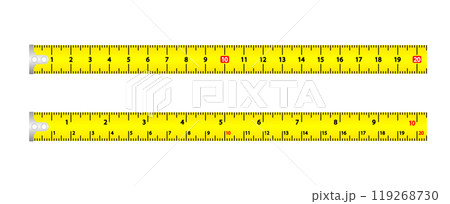 Roulette Measure. Yellow building tool. Tape measure with scale, metric measuring tape centimeters. Vector illustration. Roulette Measure. Yellow building tool. Tape measure with scale, metric measuring tape centimeters. Vector illustration. 119268730