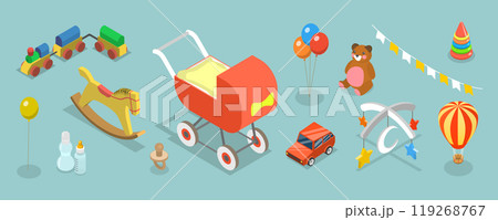 3D Isometric Flat Vector Set of Childhood Items, Toys and Baby Care Supplies 3D Isometric Flat Vector Set of Childhood Items, Toys and Baby Care Supplies 119268767