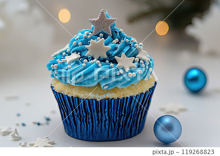 Sweet cupcake decorated with star on gray background 119268823