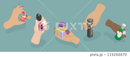 3D Isometric Flat Vector Illustration of Perfume Bottles, Perfumes Held By Female Hands 119268870