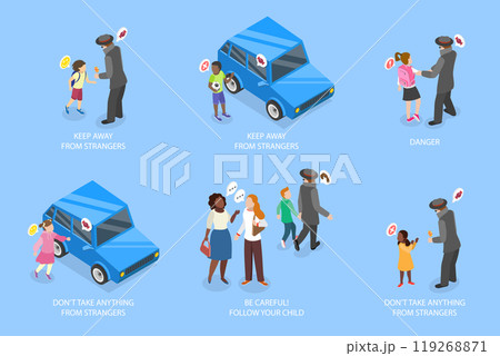 3D Isometric Flat Vector Illustration of Kidnapping Awareness For Children, How to Recognize Signs Of Potential Danger And Prevent Abduction 119268871