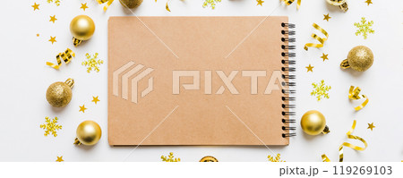 Christmas blank greeting card mock-up scene. Creative layout made of Christmas toy and paper card note. Flat lay. Nature New Year concept Christmas blank greeting card mock-up scene. Creative layout made of Christmas toy and paper card note. Flat lay. Nature New Year concept 119269103