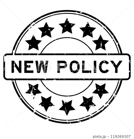 Grunge black new policy word with star icon round rubber seal stamp on white background 119269107