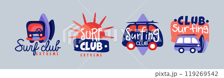 Extreme Surf Club Badge and Logo Design Vector Set 119269542