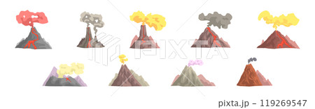 Erupting Volcano with Smoke at Top of Mountain Vector Set Erupting Volcano with Smoke at Top of Mountain Vector Set 119269547