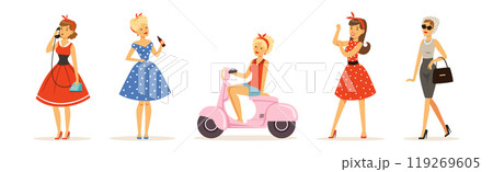 Beautiful Woman Character in Retro Vintage Dress Vector Set Beautiful Woman Character in Retro Vintage Dress Vector Set 119269605