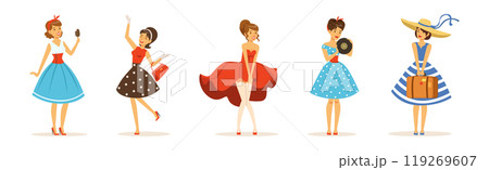 Beautiful Woman Character in Retro Vintage Dress Vector Set 119269607