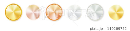 Medals logo. Round awards in gold, silver and bronze metallic colors coin. Vector Medals logo. Round awards in gold, silver and bronze metallic colors coin. Vector 119269732