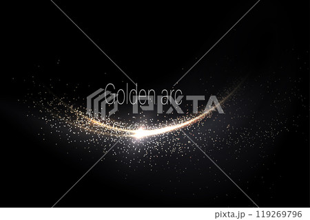 Isolated shiny golden wavy figure with small tinsel on black background 119269796