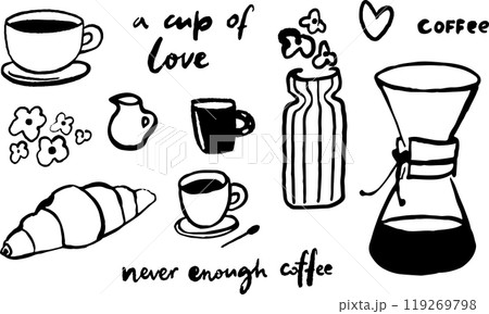 Coffee cup, morning at cafe graphic art set. Black ink brush sketches, elegant trendy vector doodles 119269798