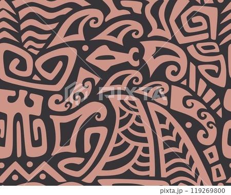 Tiki seamless pattern. Aztec textile print.Geometric, vector background. Suitable for printing on fabric and paper, for Hawaiian parties. 119269800