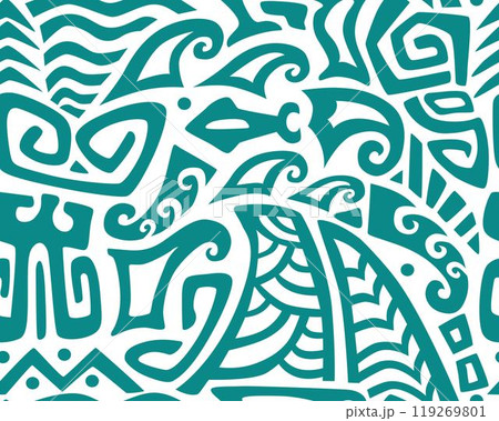 Tiki seamless pattern. Aztec textile print.Geometric, vector background. Suitable for printing on fabric and paper, for Hawaiian parties. Tiki seamless pattern. Aztec textile print.Geometric, vector background. Suitable for printing on fabric and paper, for Hawaiian parties. 119269801