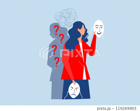 imposter syndrome, Girls trying on carnival masks with happy or sad expressions. 119269903