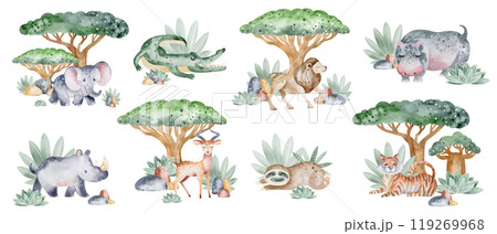 Watercolor wildlife animals set. Hand drawn Jungle clipart with cartoon African adorable zoo. Childish illustration Savanna design. Safari design with wild nature for icon or logo baby shower. Watercolor wildlife animals set. Hand drawn Jungle clipart with cartoon African adorable zoo. Childish illustration Savanna design. Safari design with wild nature for icon or logo baby shower. 119269968