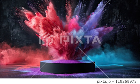 Product display podium with colorful powder paint explosion, with copy space Product display podium with colorful powder paint explosion, with copy space 119269975