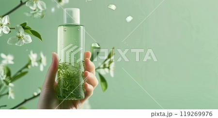 Product photography, holding a green tea and white flower facial toner bottle on the left side of the screen against a green background with a clean and simple design. 119269976