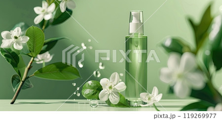 Product photography, holding a green tea and white flower facial toner bottle on the left side of the screen against a green background with a clean and simple design. 119269977