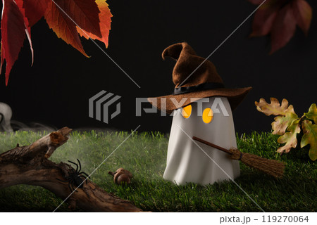 Cute Halloween ghost with witch hat and broom, glowing eyes on green grass with autumn leaves and spider, spooky autumn scene 119270064