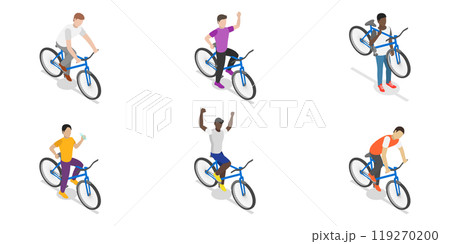 3D Isometric Flat  Set of Cycling People, Recreational Outdoor Activity 119270200