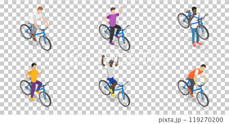 3D Isometric Flat  Set of Cycling People, Recreational Outdoor Activity 119270200
