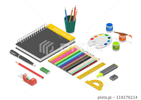 3D Isometric Flat  Set of Various Sketching Tools, Art Supplies 119270214