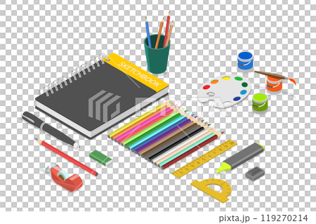 3D Isometric Flat  Set of Various Sketching Tools, Art Supplies 119270214