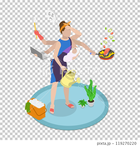 3D Isometric Flat  Illustration of Motherhood Challenges, Multitasking Mom and Housewife 119270220