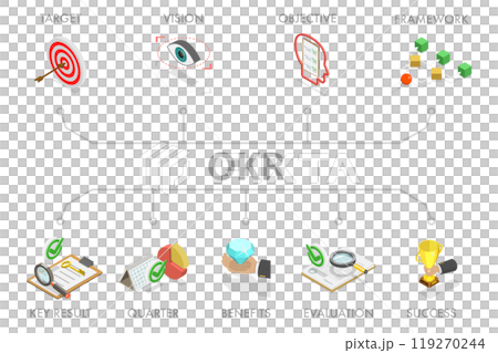 3D Isometric Flat Illustration of OKR, Objective Key Result, Success and Improvement Measurement 3D Isometric Flat Illustration of OKR, Objective Key Result, Success and Improvement Measurement 119270244