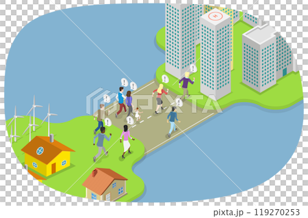 3D Isometric Flat  Illustration of Rural To Urban Migration, Population Growth and Urbanization 119270253