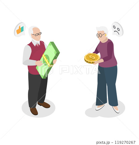 3D Isometric Flat  Illustration of Social Inequality Among Pensioners, Financial Problems, Poverty or Bankruptcy After Retirement 119270267