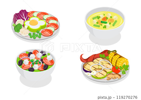 3D Isometric Flat Set of Vegetarian Dishes, Fresh, Natural and Healthy Food 3D Isometric Flat Set of Vegetarian Dishes, Fresh, Natural and Healthy Food 119270276