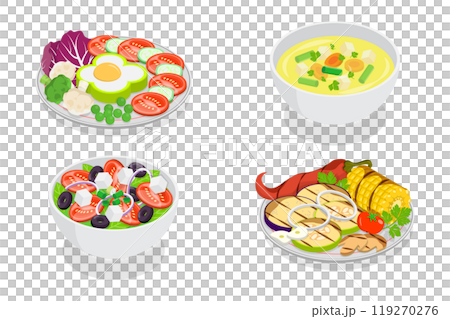 3D Isometric Flat  Set of Vegetarian Dishes, Fresh, Natural and Healthy Food 119270276