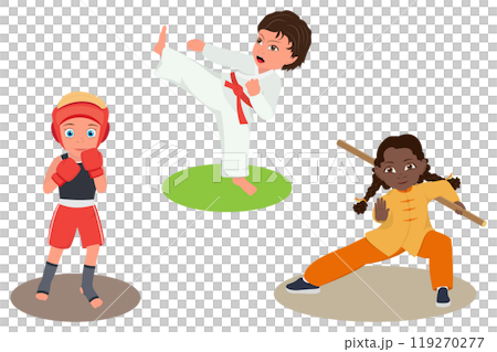 Flat  Illustration of Martial Arts Kids, Training Children Wearing Kimono 119270277