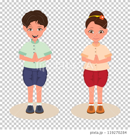 Flat  Illustration of Sawasdee, Kids in Traditional Clothing 119270284