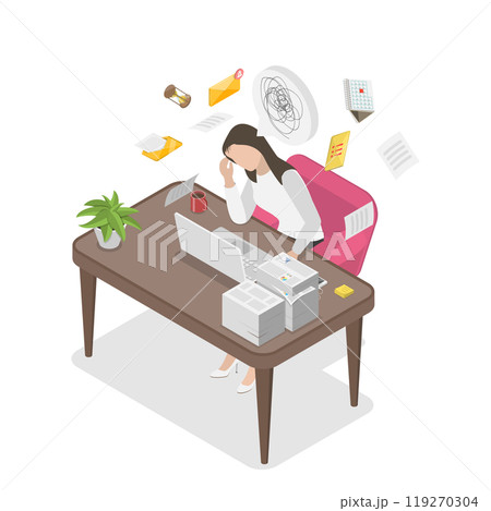 3D Isometric Flat  Illustration of Frustrated Overworked Woman, Stress Due to Burning Deadlines 119270304
