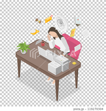 3D Isometric Flat  Illustration of Frustrated Overworked Woman, Stress Due to Burning Deadlines 119270304