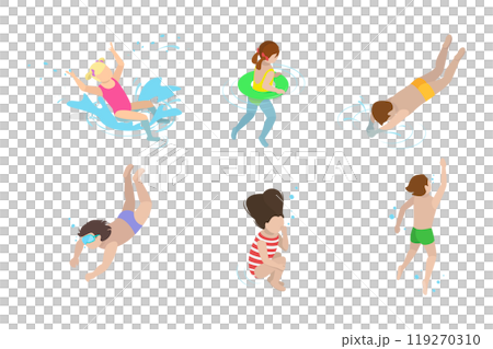 3D Isometric Flat  Set of Children Snorkeling, Kids Swimming Lessons 119270310
