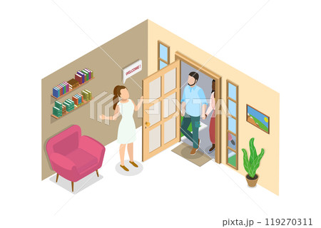 3D Isometric Flat  Illustration of Showing Apartment, Guest at a Threshold 119270311