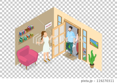 3D Isometric Flat  Illustration of Showing Apartment, Guest at a Threshold 119270311