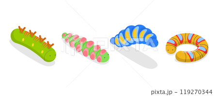 3D Isometric Flat  Set of Caterpillars, Spring Insects 119270344