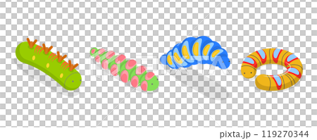 3D Isometric Flat  Set of Caterpillars, Spring Insects 119270344