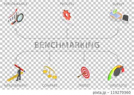 3D Isometric Flat Illustration of Benchmarking, Comparison of Quality and Cost, Performance to Competitor Companies 3D Isometric Flat Illustration of Benchmarking, Comparison of Quality and Cost, Performance to Competitor Companies 119270360