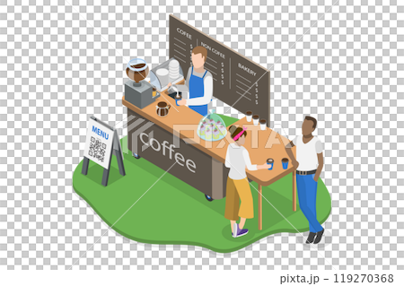 3D Isometric Flat  Illustration of Street Food Festival, Coffee to go Booth 119270368
