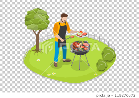 3D Isometric Flat Illustration of Outdoor Activities, Grilled Meat and Vegetables 3D Isometric Flat Illustration of Outdoor Activities, Grilled Meat and Vegetables 119270372
