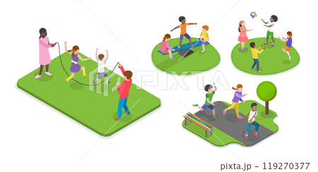 3D Isometric Flat Illustration of Children Playing Outside, Active Healthy Childhood 3D Isometric Flat Illustration of Children Playing Outside, Active Healthy Childhood 119270377