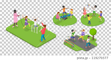 3D Isometric Flat Illustration of Children Playing Outside, Active Healthy Childhood 3D Isometric Flat Illustration of Children Playing Outside, Active Healthy Childhood 119270377