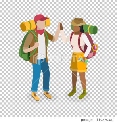 3D Isometric Flat  Illustration of Hiking Tourist Couple, Outdoors Adventure, Travel and Tourism 119270381