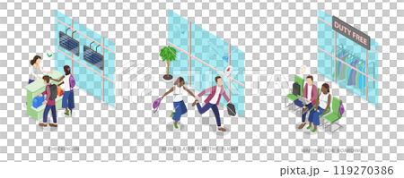 3D Isometric Flat  Illustration of Traveling By Plane, Holiday Trip 119270386