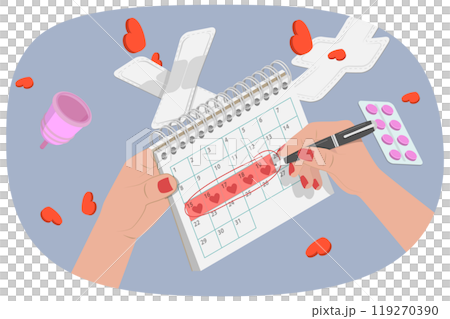 3D Isometric Flat  Illustration of Menstrual Period , PMS Symptoms and Premenstrual Syndrome Treatment 119270390