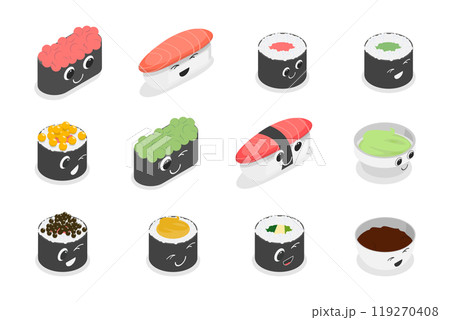3D Isometric Flat  Set of Various Sushi, Rolls and Nigiri Funny Characters, Japanese Traditional Cuisine 119270408